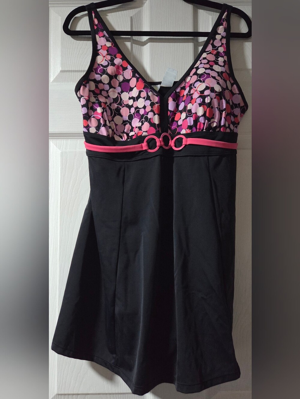 Black One-Piece Swimdress with Pink Polka Dot Bodice